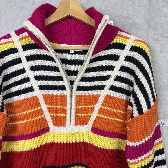 English Factory Striped Knit Half Zip Sweater M Colorful Chunky Acrylic Pullover - Picture 7 of 9